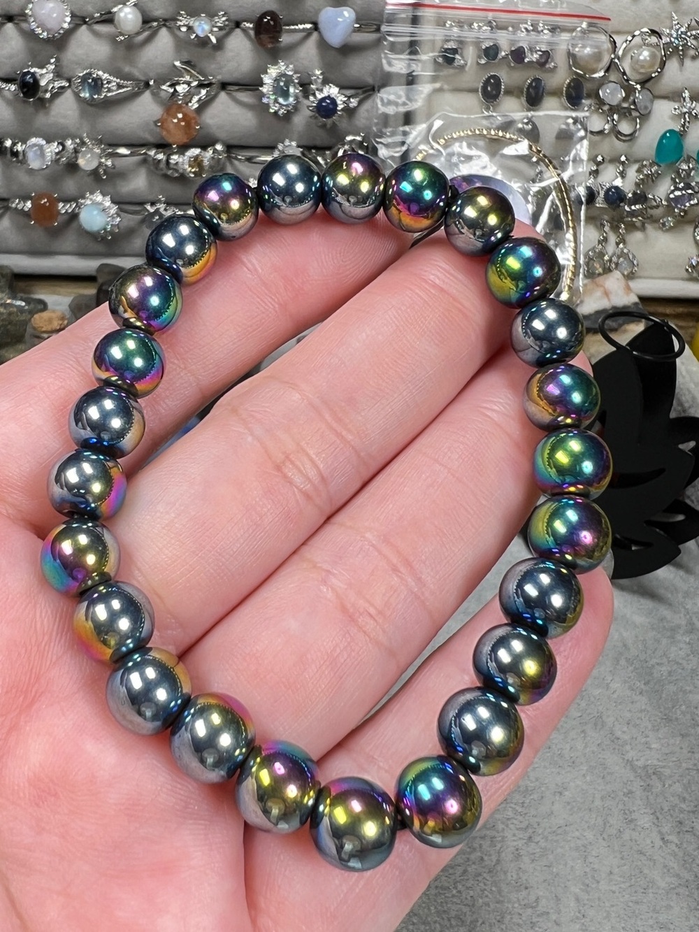 Rainbow Aura Natural Hematite Beaded Bracelet 8+MM 6.75”